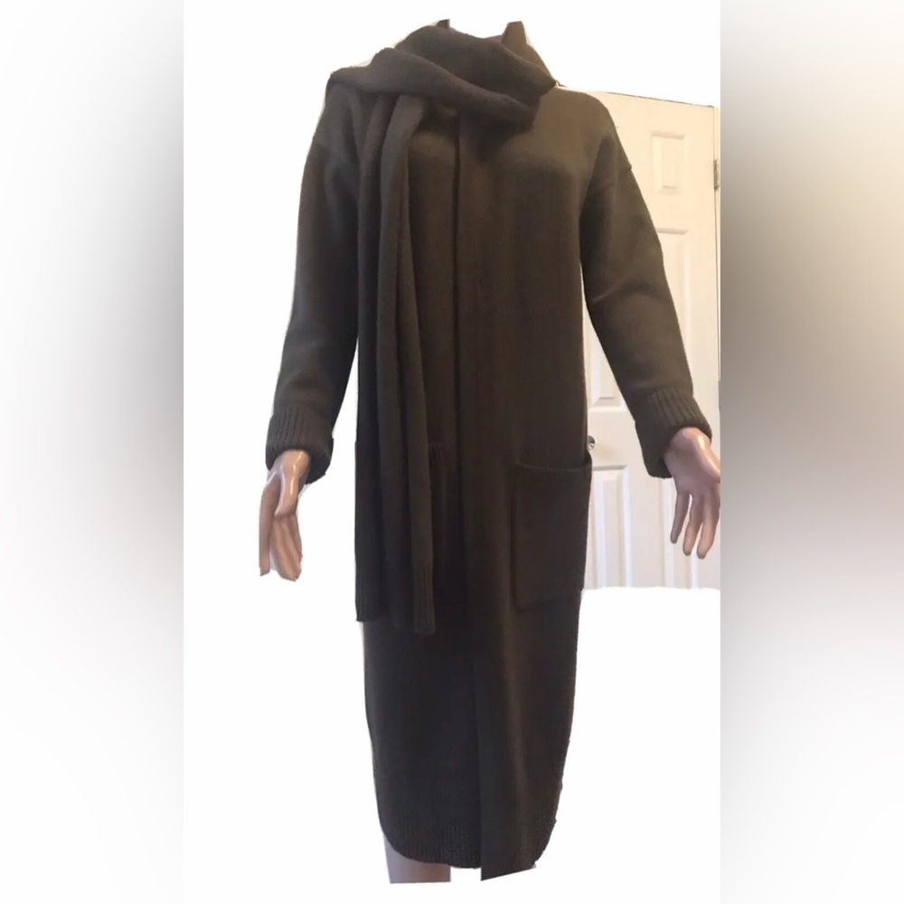 Theory Long Cashmere Blend Sweater with an attached scarf
